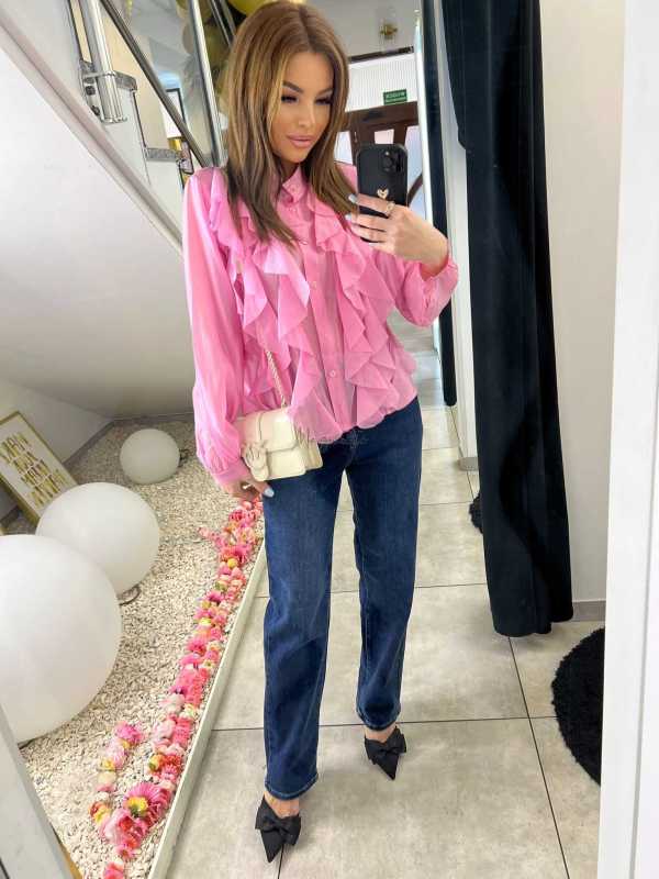 NB219 Elegancka Koszula Damska z falbanami Różowa