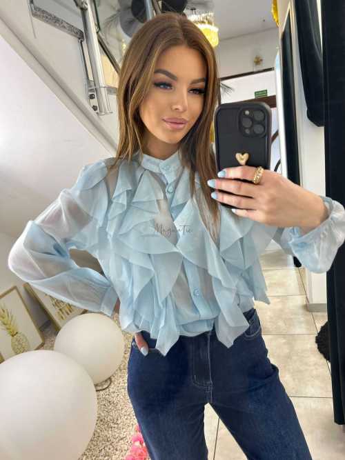 NB219 Elegancka Koszula z falbanami Niebieska