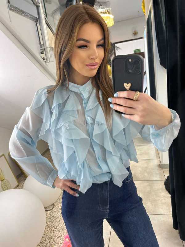 NB219 Elegancka Koszula z falbanami Niebieska