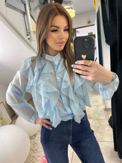 NB219 Elegancka Koszula z falbanami Niebieska