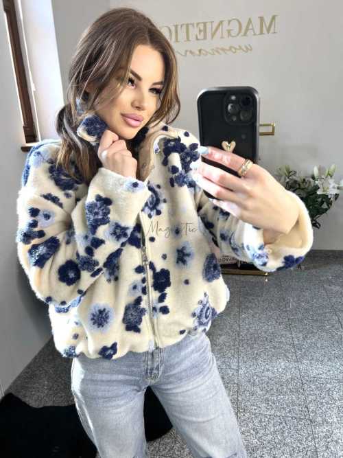 NB197 Kurtka / Bluza Polar Flower Biało - Niebieska