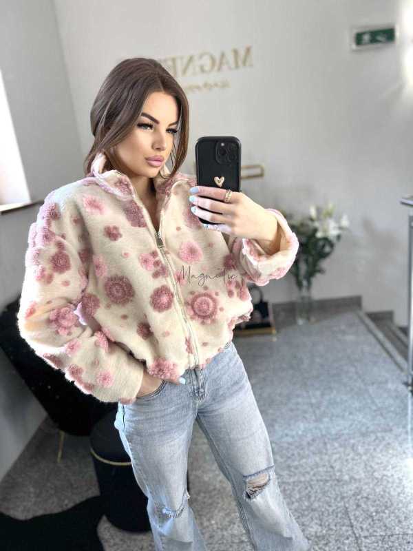 NB197 Kurtka / Bluza Polar Flower Biało - Różowa
