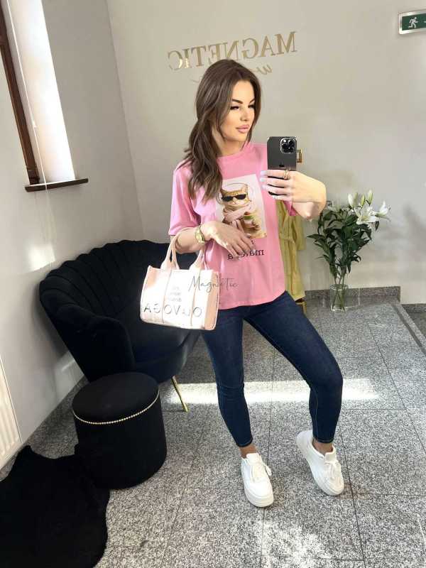 NB199 T-shirt Damski Bawełna z kolorowym nadrukiem Różowy