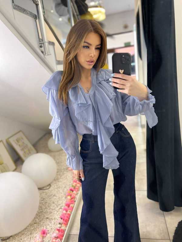 NB220 Elegancka Koszula z dekoltem i falbanami Niebieska