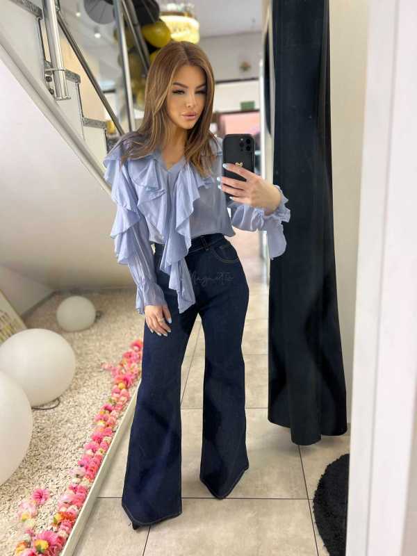 NB220 Elegancka Koszula z dekoltem i falbanami Niebieska