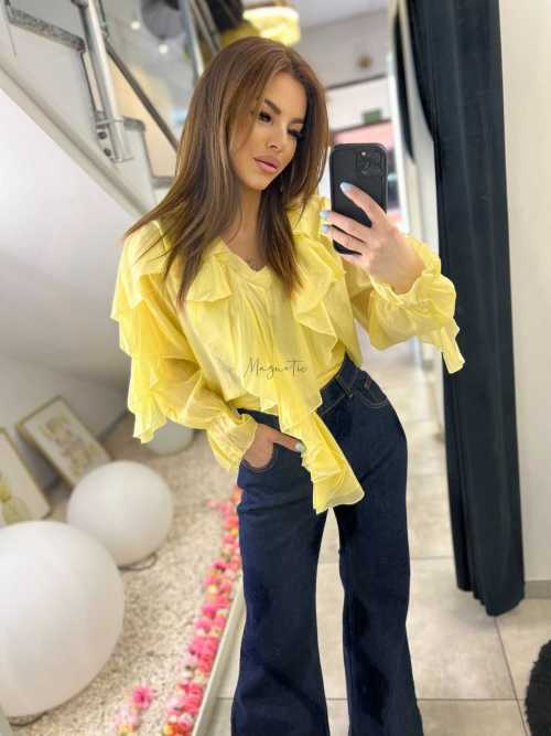 NB220 Elegancka Koszula z dekoltem i falbanami Żółta