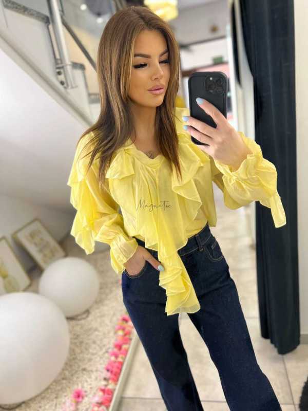 NB220 Elegancka Koszula z dekoltem i falbanami Żółta