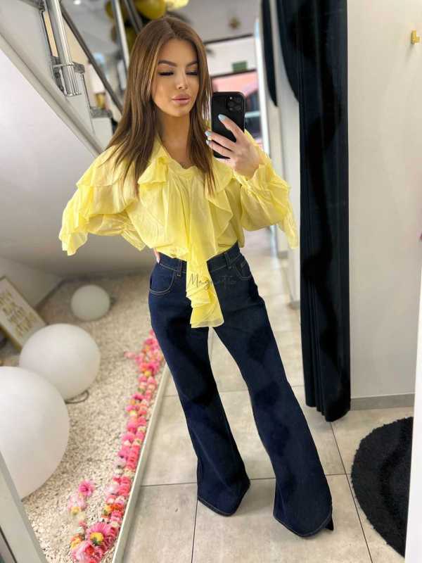 NB220 Elegancka Koszula z dekoltem i falbanami Żółta