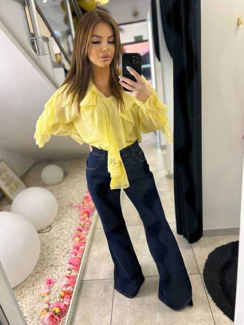 NB220 Elegancka Koszula z dekoltem i falbanami Żółta