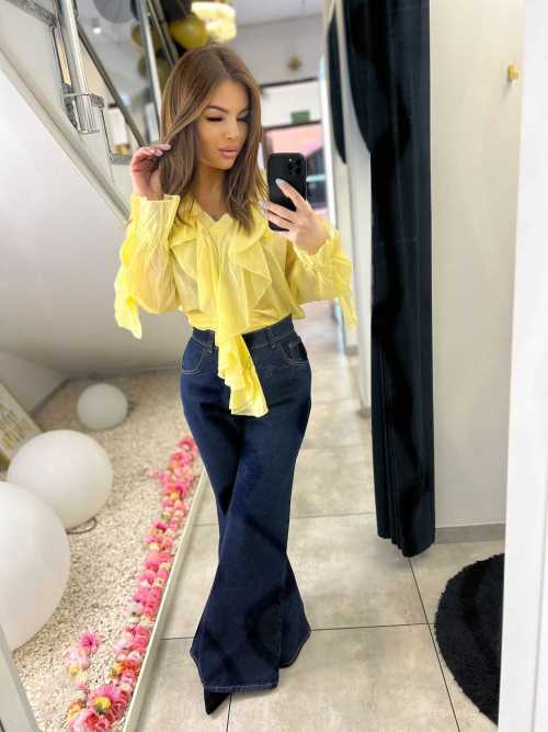 NB220 Elegancka Koszula z dekoltem i falbanami Żółta