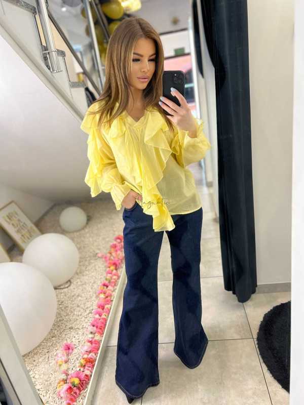 NB220 Elegancka Koszula z dekoltem i falbanami Żółta