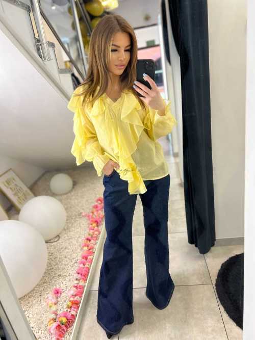 NB220 Elegancka Koszula z dekoltem i falbanami Żółta