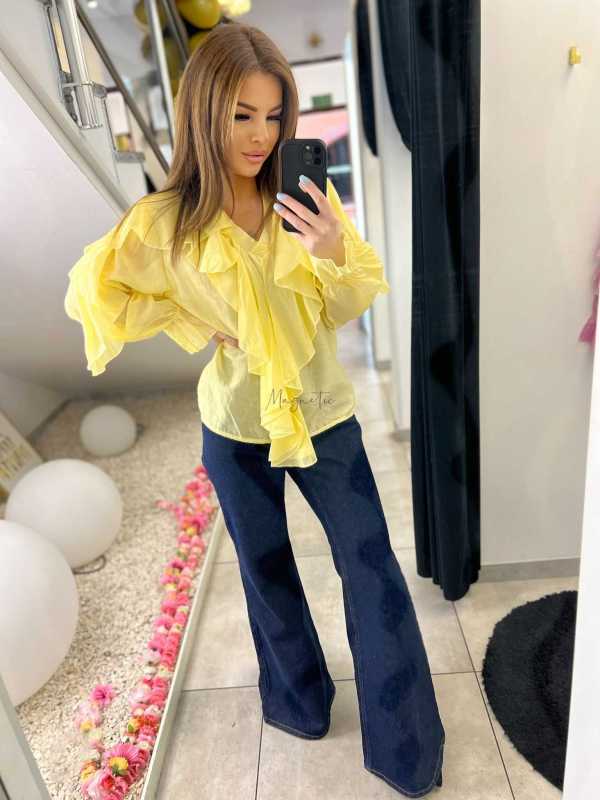 NB220 Elegancka Koszula z dekoltem i falbanami Żółta