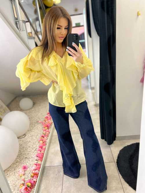 NB220 Elegancka Koszula z dekoltem i falbanami Żółta