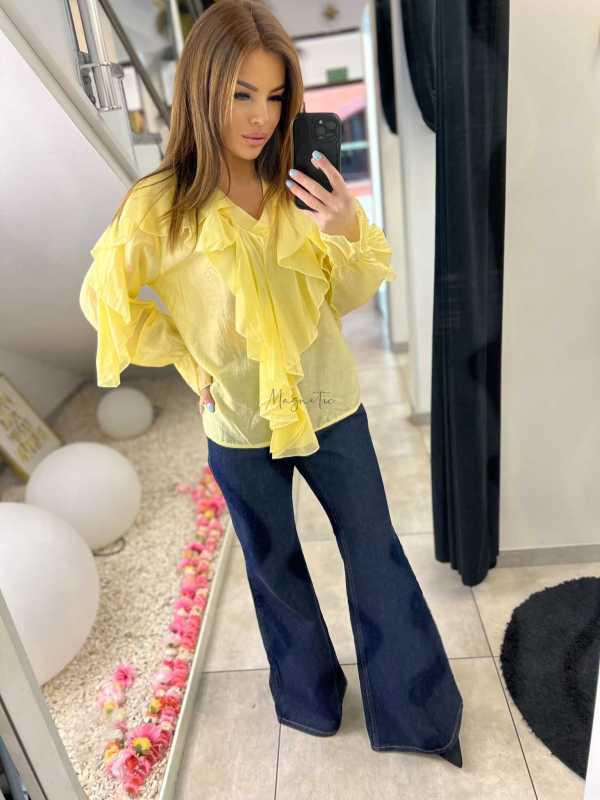 NB220 Elegancka Koszula z dekoltem i falbanami Żółta