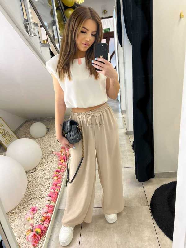 CH211 Spodnie Damskie Zwiewne Fruwajki Szeroka Nogawka Beżowe