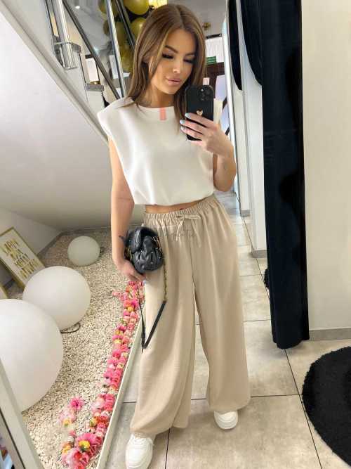 CH211 Spodnie Damskie Zwiewne Fruwajki Szeroka Nogawka Beżowe