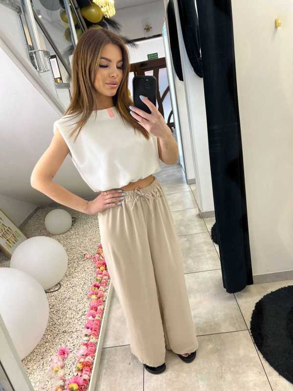 CH211 Spodnie Damskie Zwiewne Fruwajki Szeroka Nogawka Beżowe