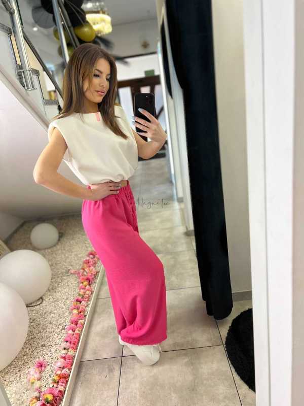 CH211 Spodnie Damskie Zwiewne Fruwajki Szeroka Nogawka Fuksja