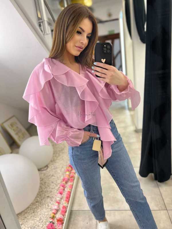 NB220 Elegancka Koszula z dekoltem i falbanami Różowa