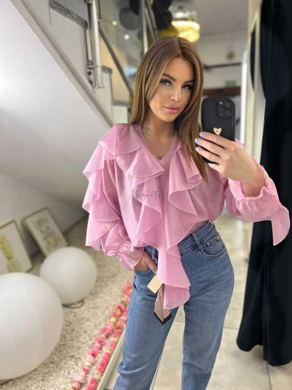 NB220 Elegancka Koszula z dekoltem i falbanami Różowa