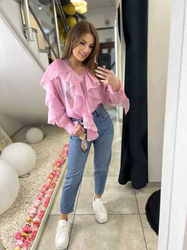 NB220 Elegancka Koszula z dekoltem i falbanami Różowa