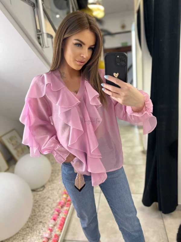 NB220 Elegancka Koszula z dekoltem i falbanami Różowa