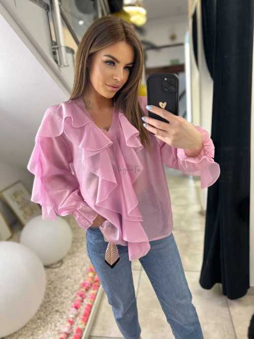 NB220 Elegancka Koszula z dekoltem i falbanami Różowa