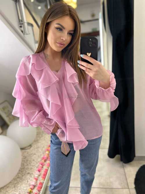 NB220 Elegancka Koszula z dekoltem i falbanami Różowa