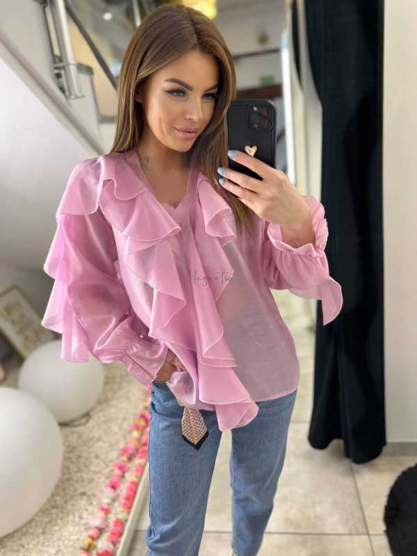 NB220 Elegancka Koszula z dekoltem i falbanami Różowa