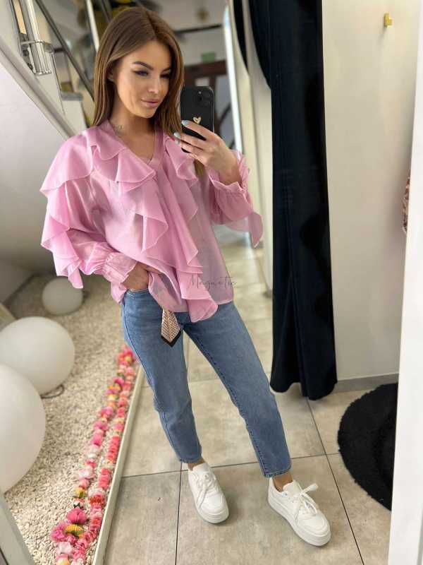 NB220 Elegancka Koszula z dekoltem i falbanami Różowa