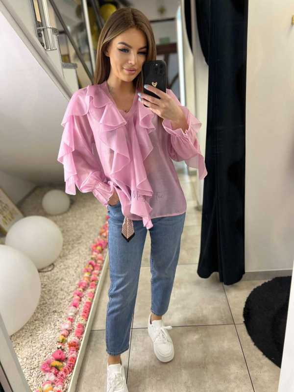 NB220 Elegancka Koszula z dekoltem i falbanami Różowa