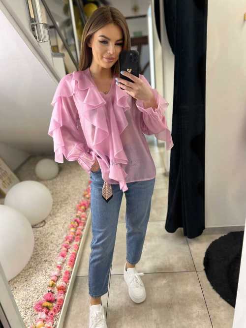 NB220 Elegancka Koszula z dekoltem i falbanami Różowa