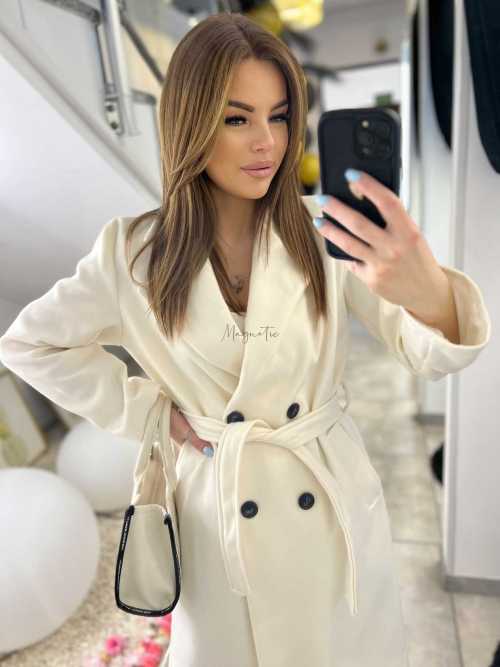 NB215 Elegancki Płaszcz Wiosenny z paskiem Biały