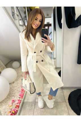 NB215 Elegancki Płaszcz Wiosenny z paskiem Biały