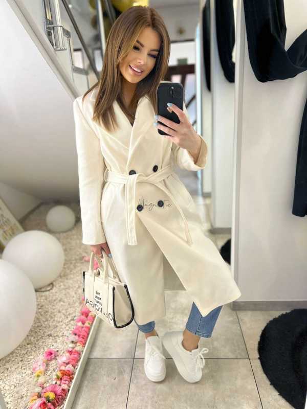 NB215 Elegancki Płaszcz Wiosenny z paskiem Biały