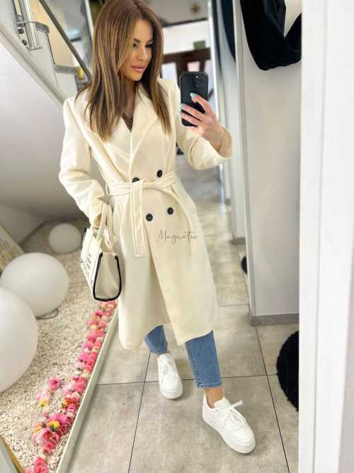 NB215 Elegancki Płaszcz Wiosenny z paskiem Biały