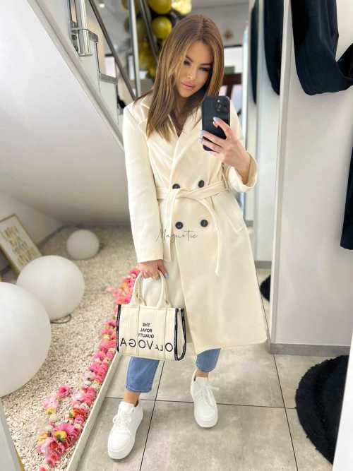 NB215 Elegancki Płaszcz Wiosenny z paskiem Biały