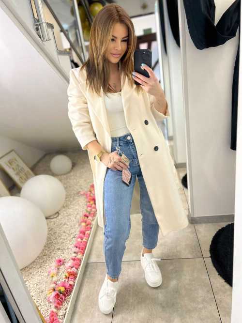 NB215 Elegancki Płaszcz Wiosenny z paskiem Biały