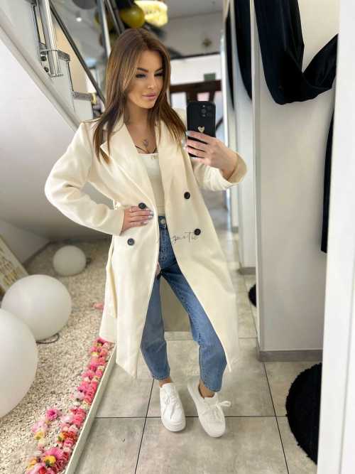 NB215 Elegancki Płaszcz Wiosenny z paskiem Biały