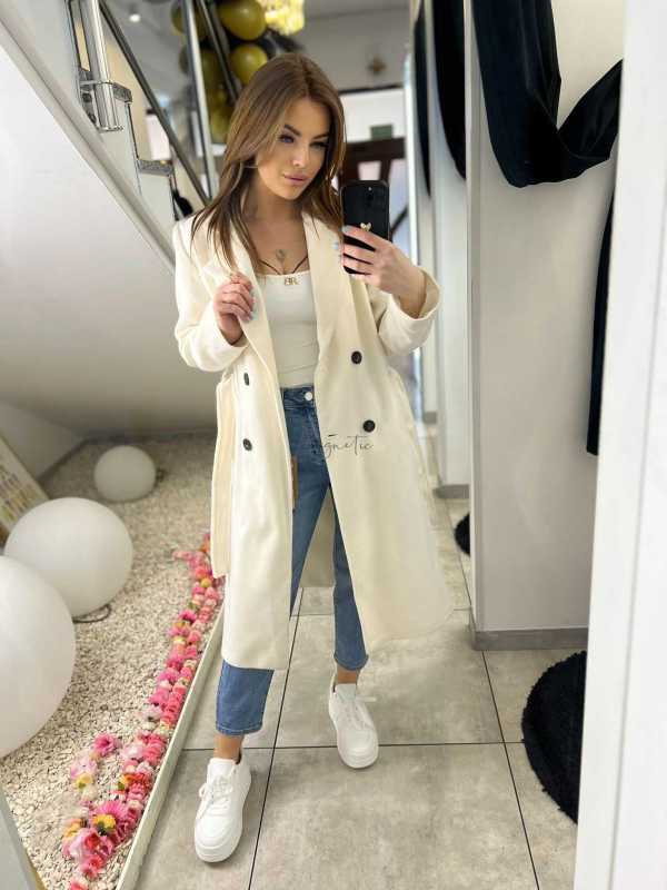 NB215 Elegancki Płaszcz Wiosenny z paskiem Biały