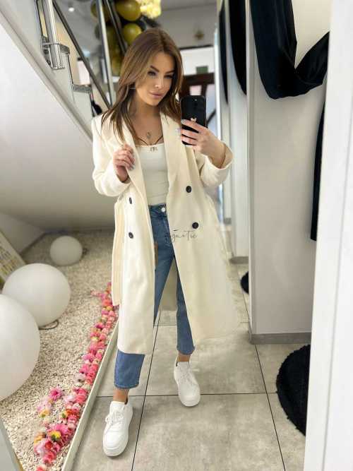 NB215 Elegancki Płaszcz Wiosenny z paskiem Biały