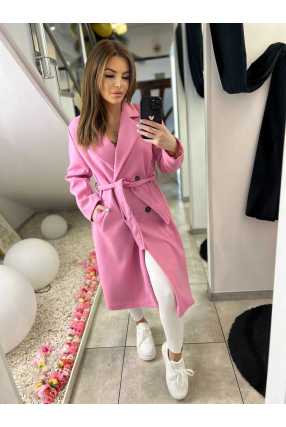 NB215 Elegancki Płaszcz Wiosenny z paskiem Różowy