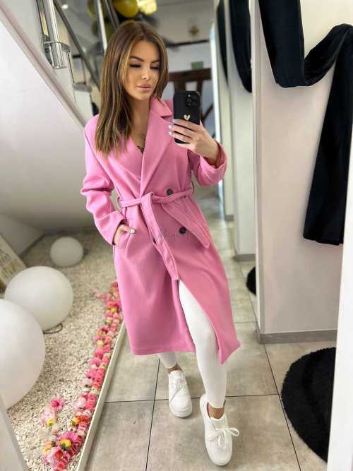 NB215 Elegancki Płaszcz Wiosenny z paskiem Różowy