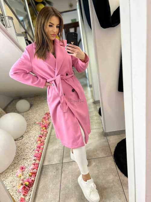NB215 Elegancki Płaszcz Wiosenny z paskiem Różowy