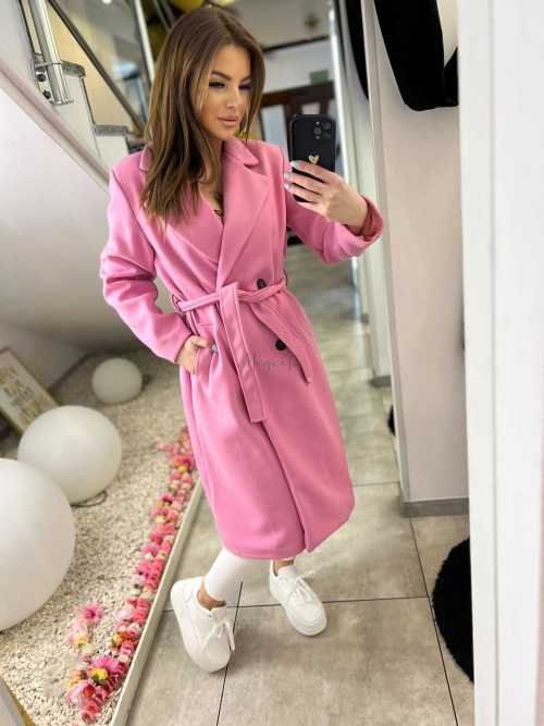 NB215 Elegancki Płaszcz Wiosenny z paskiem Różowy