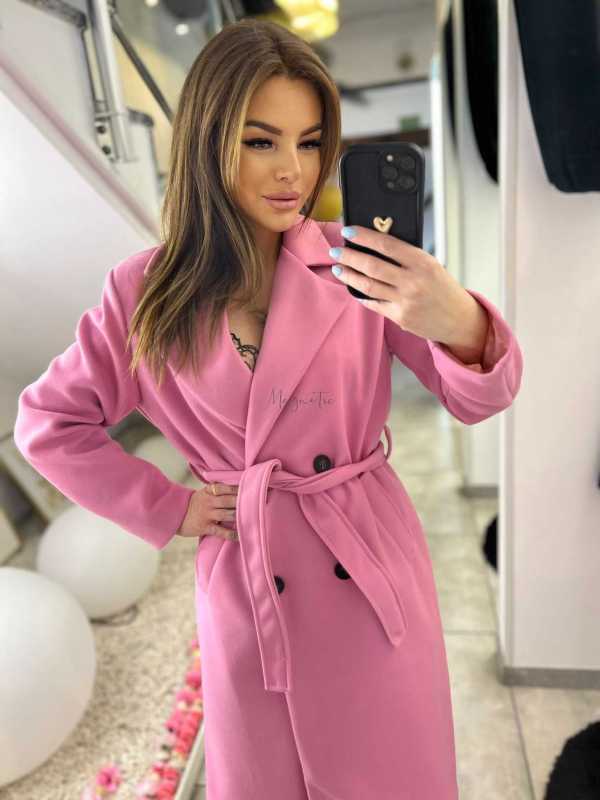 NB215 Elegancki Płaszcz Wiosenny z paskiem Różowy