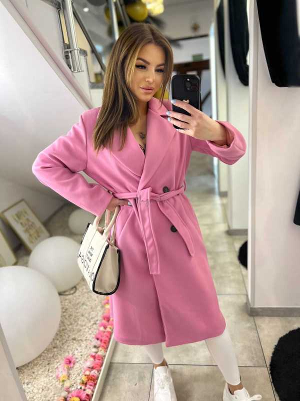 NB215 Elegancki Płaszcz Wiosenny z paskiem Różowy