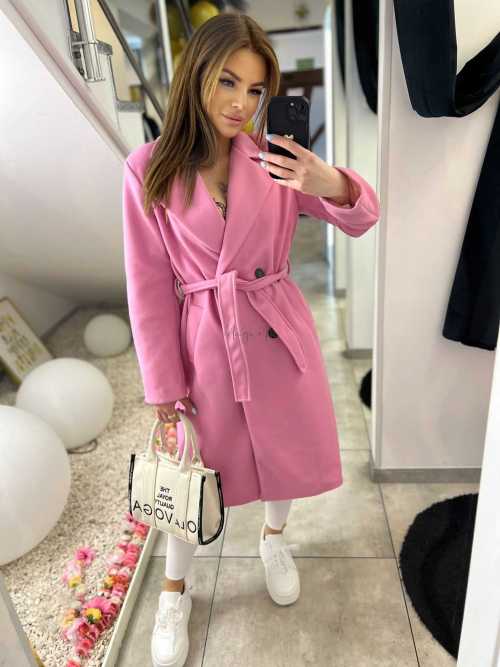 NB215 Elegancki Płaszcz Wiosenny z paskiem Różowy