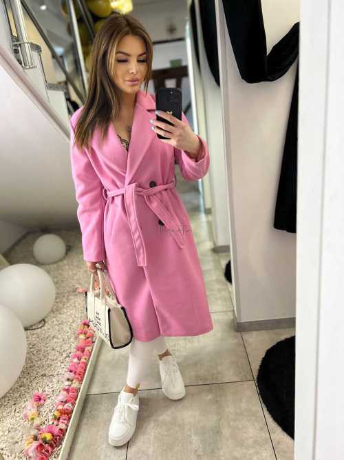 NB215 Elegancki Płaszcz Wiosenny z paskiem Różowy
